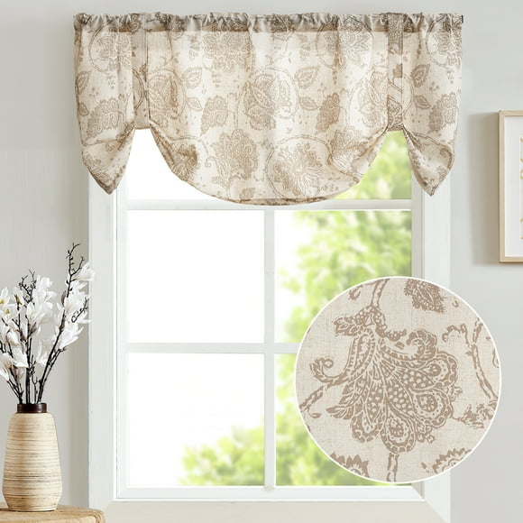 Curtainking Farmhouse Valance 20 inch Taupe on Beige Rustic Floral Light Filtering Curtain Semi-Sheer Tie Up Valance for Kitchen Bathroom Rod Pocket 1 Panel