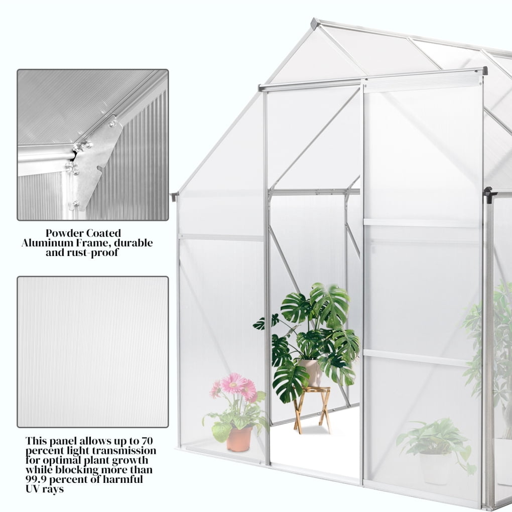 6x8 FT Greenhouse for Outdoors, Polycarbonate Greenhouse with Roof Vent and Sliding Door, Aluminum Large Walk-in Greenhouse for Outside Garden Backyard, Silver