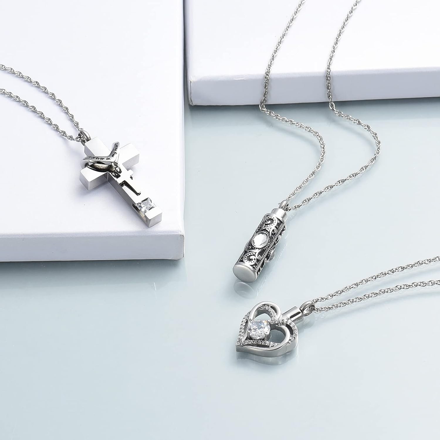 3 Pack Urn Necklace for Ashes for Women Gilrs Heart Cross Cylinder Cremation Jewelry for Ashes Memorial Keepsake Birthstone Pendant