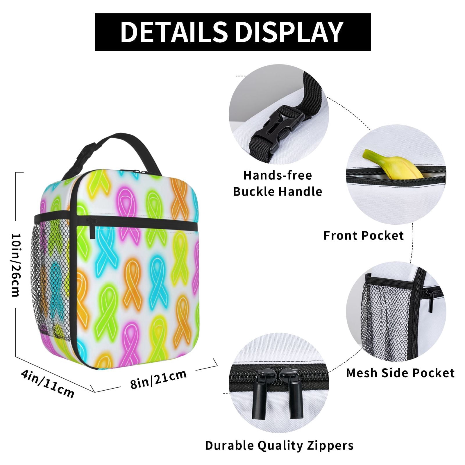 Lunch Bag For Women Men Insulated Portable Lunch Box Bento Box Office Picnic Travel Cooler Bag Cancer Awareness Ribbon Pattern - Neon Vibrance