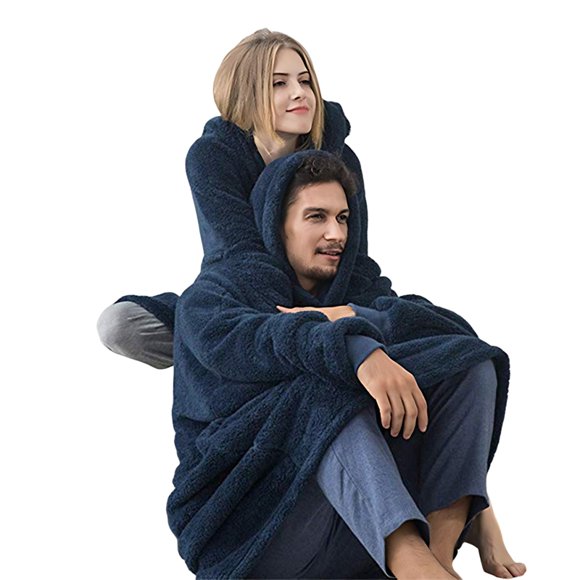 Oversized Blanket Hoodie Sweatshirt, Wearable Lounging Pullover for Adults Women Men Navy Blue One size