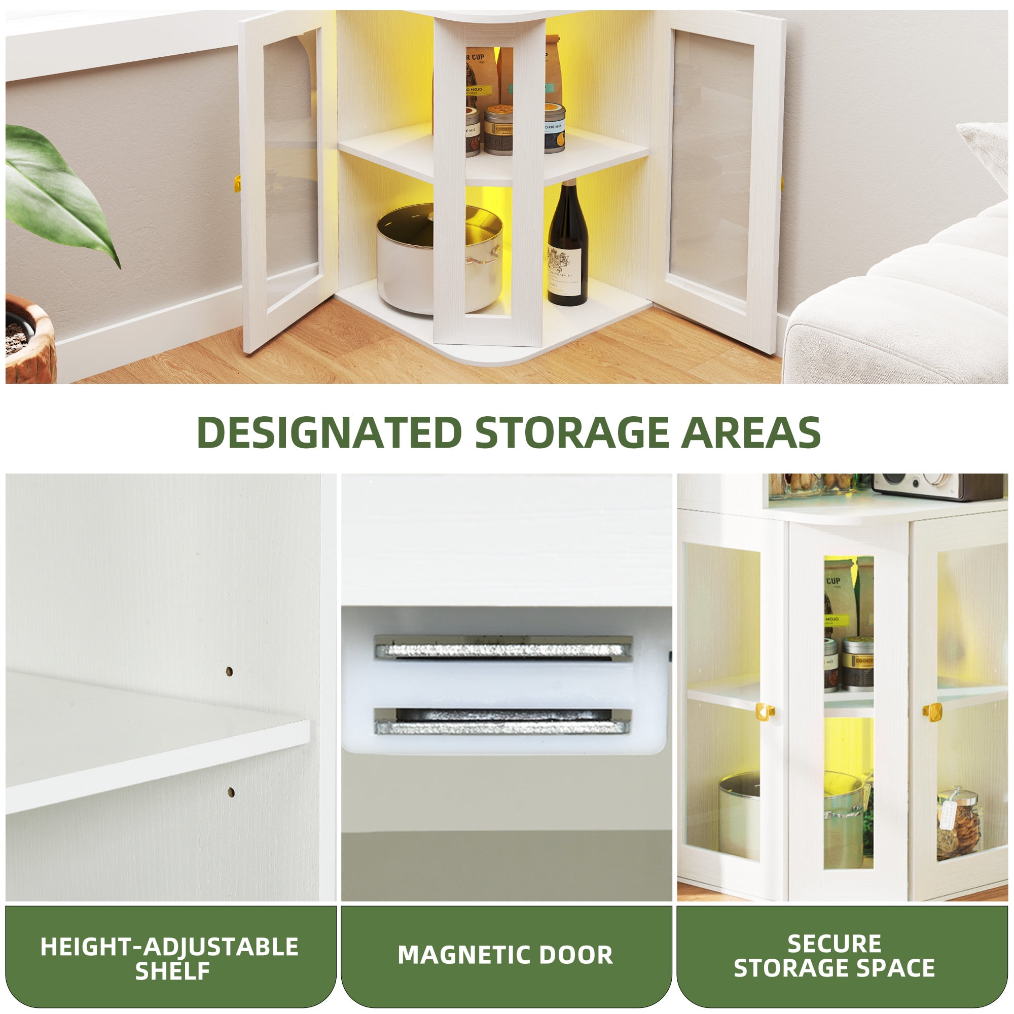 Uforic 5 Tier Corner Bar Cabinet with LED Lights & Glass Holder, Storage Cabinet with Door and Shelves, White