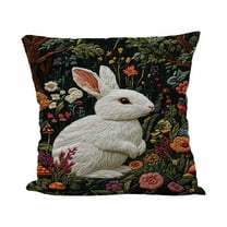 Spring Easter Bunny Throw Pillow Covers for Outdoor Patio Chair Decor, Knitted Rabbit Floral Embroidery Throw Pillow Cover Sofa Couch Cushion Case, Easter Bunny Eggs Cotton Fabric Cushion Case Cover