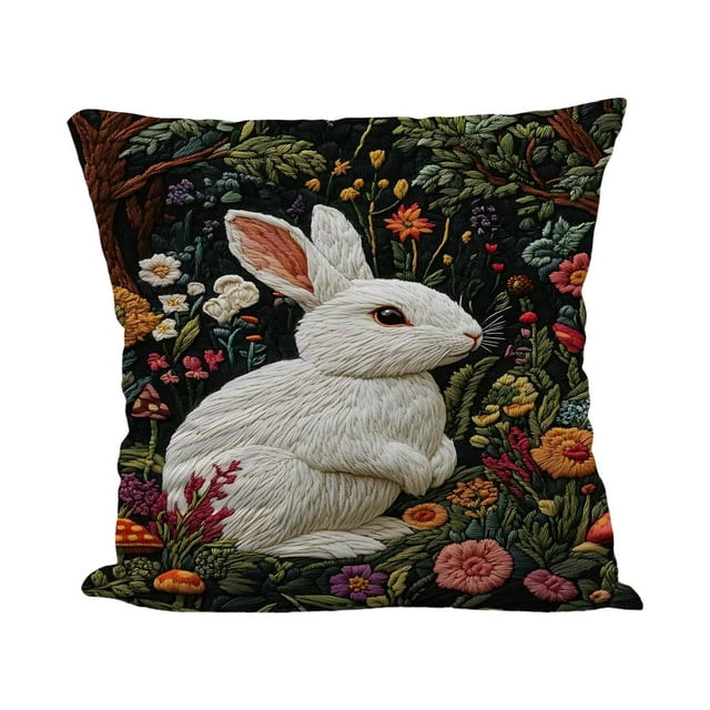 Taie d'Oreiller à Motif de Lapin de Pâques et d'Oeufs avec Broderie, Housse de Coussin en Polyester pour les Fêtes