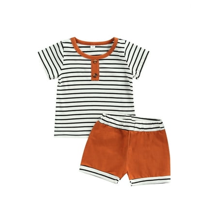

Suanret Toddler Infant Baby Boys 2Pcs Summer Clothes Set Short Sleeve T-shirt Shorts Striped Outfits Brown 6-12 Months