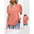 thumbnail image 7 of HUBERY Women V Neck Puff Short Sleeve Pleated Curved Hem Solid Color Top, 7 of 7