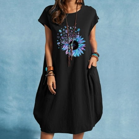 

Hvyesh Summer Dresses for Women 2023 Plus Size Elegant Midi Dress 4th of July Graphic Crewneck Sundresses Short Sleeve Trendy Dresses Black