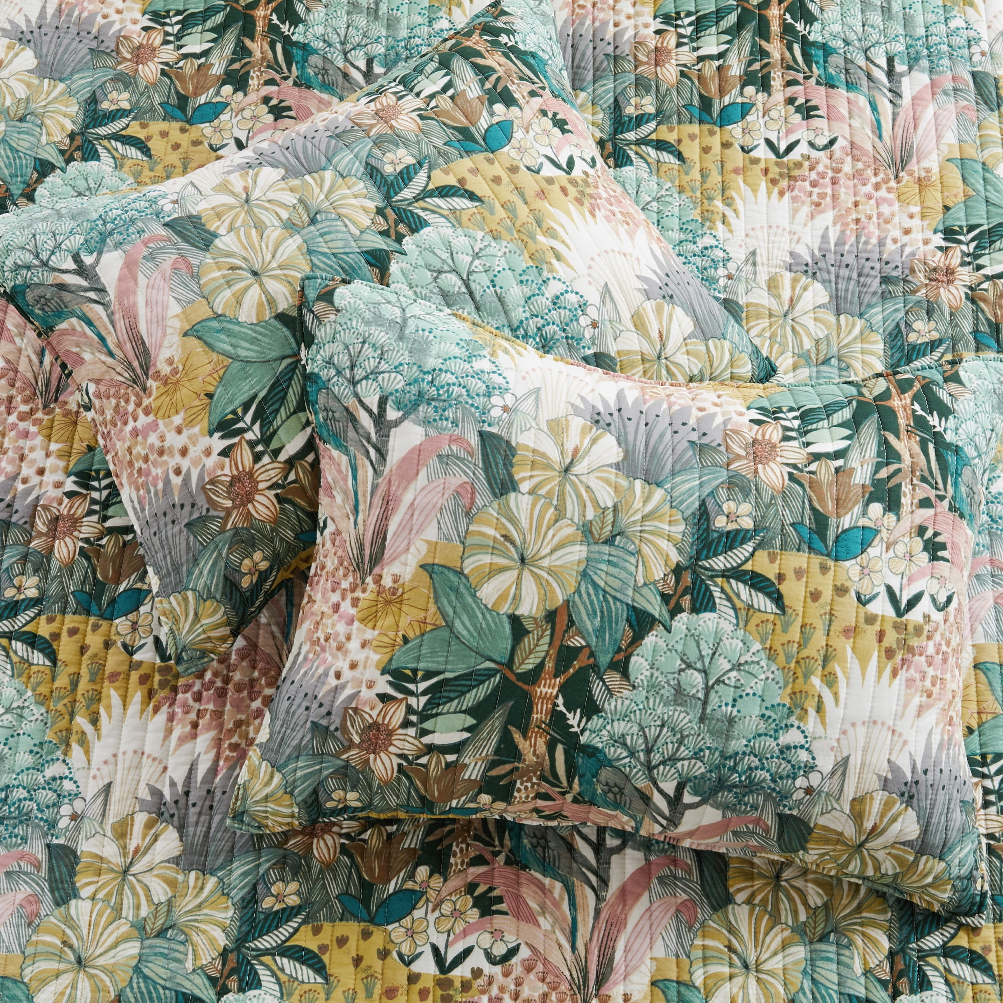 Levtex Home - Ashika Quilt Set - King Quilt and Two King Shams - Tropical - Green, Blush, Ochre, Grey and Cream - Quilt (106x92in.) and Shams (20x36in.) - Reversible - Cotton