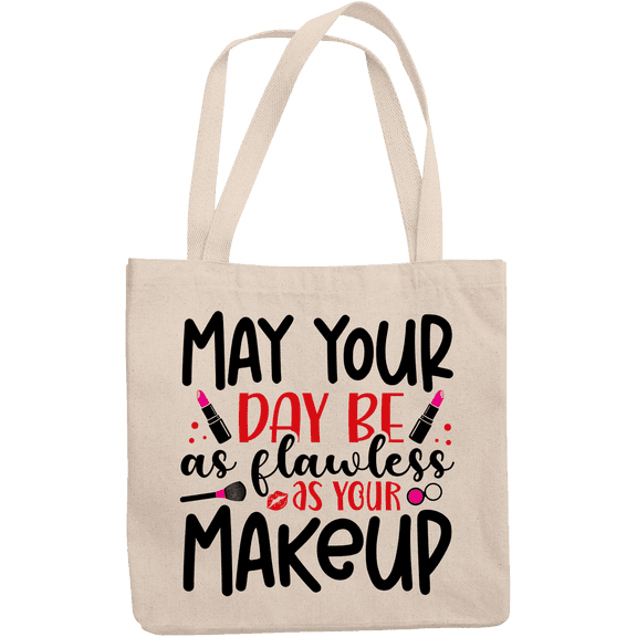 12oz Canvas Tote Bag - May Your Day Be as Flawless as Your Makeup w/ Pink Lipsticks, Brush & Lips Design - Beauty Themed Merch for Makeup Artist or Cosmetologist, Gift for Makeup Lovers & Beauticians