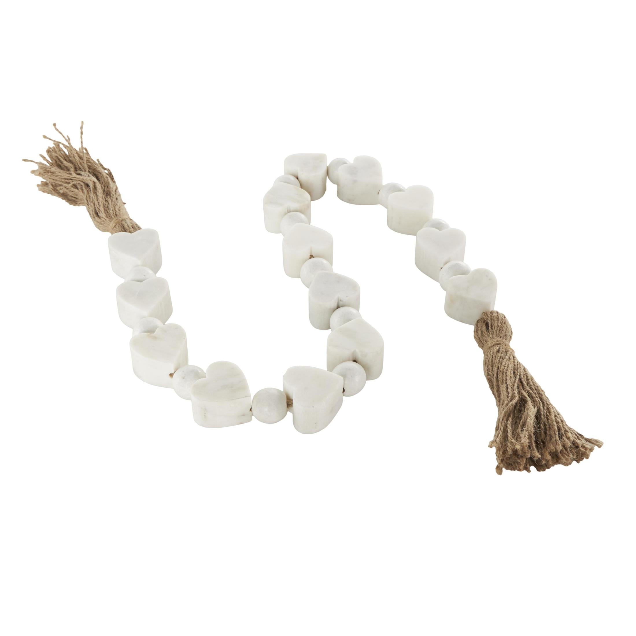 DecMode Handmade White Marble Heart Garland with Tassel with Knotted Jute