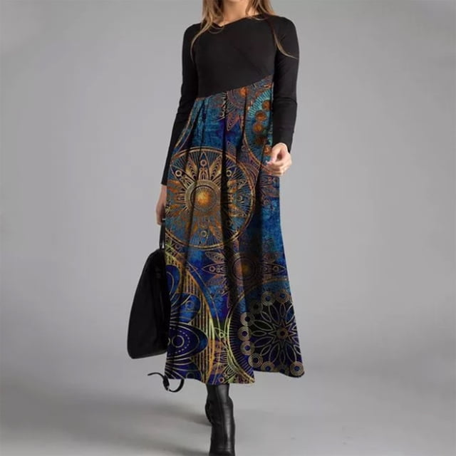 Mikilon Robe Imprimée Bohème Longue, Ajustée, à Manches Longues, Décontractée pour Femmes, Automne et Hiver, Robes d'Automne pour Femmes