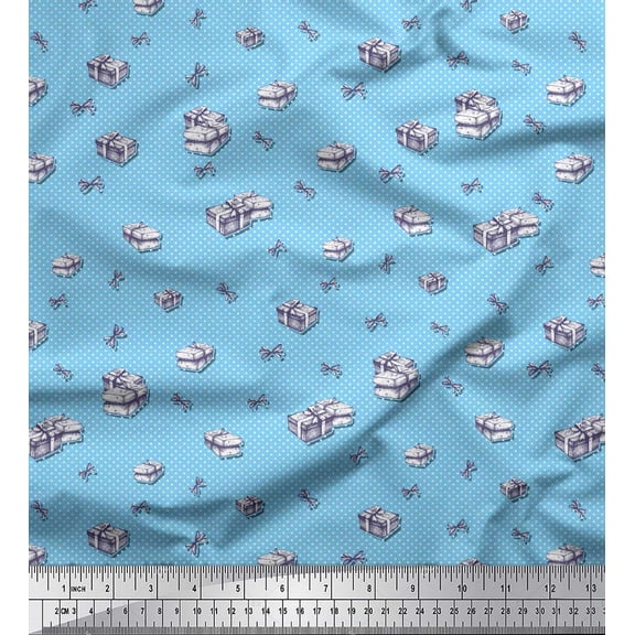 Soimoi Blue Heavy Satin Fabric Ribbon & Gift Box Party Decor Fabric Printed Yard 54 Inch Wide