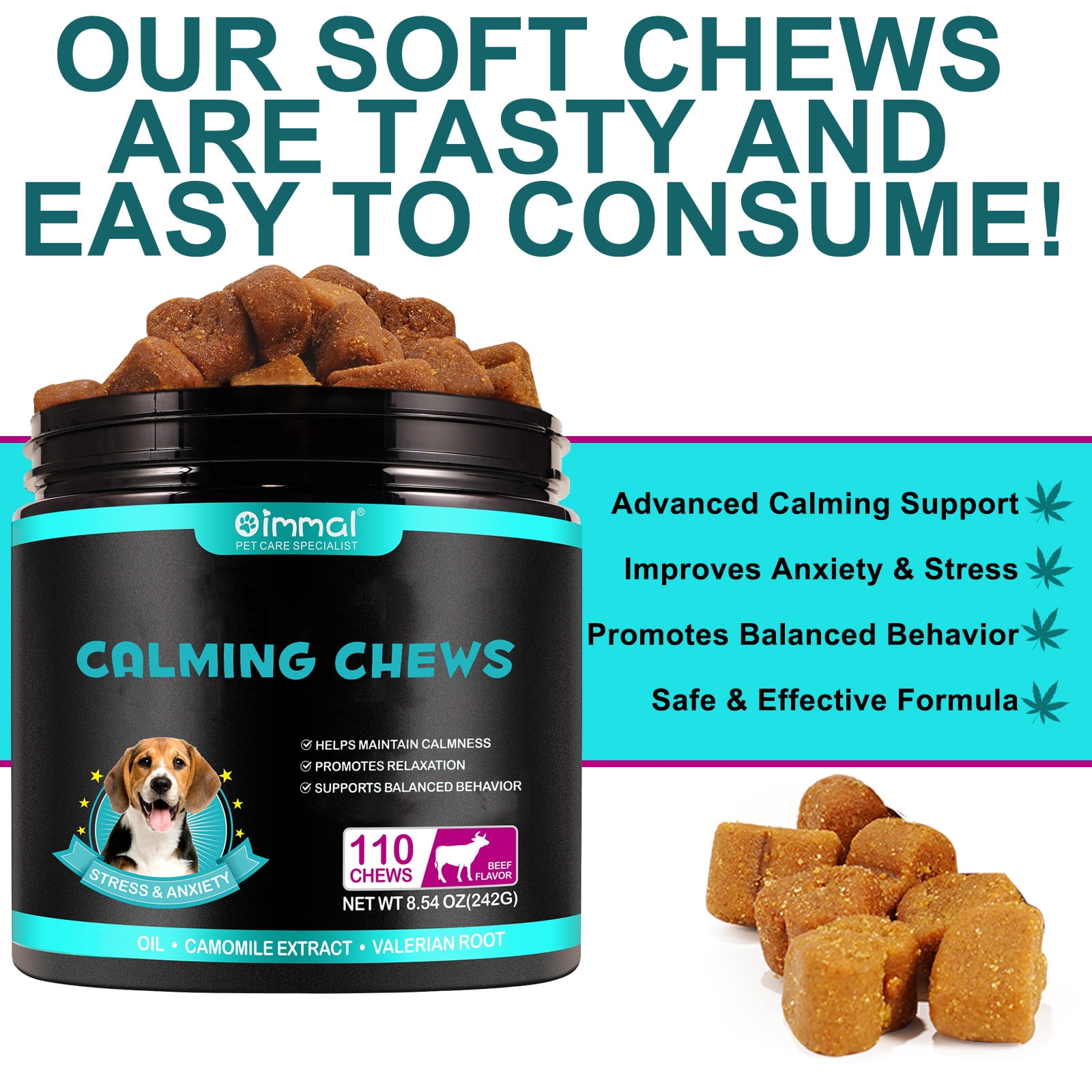 Oimmal Dog Calming Chews - 330 Chews, Beef Flavor, Anxiety Snacks for Dogs, Aid All Ages, Breeds&Size