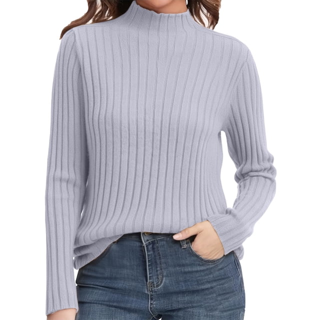ManxiVoo Women's Ribbed Knit Turtleneck Sweater Long Sleeve Pullover Basic Top for Fall 2025 Versatile Layering Piece L Size Grey