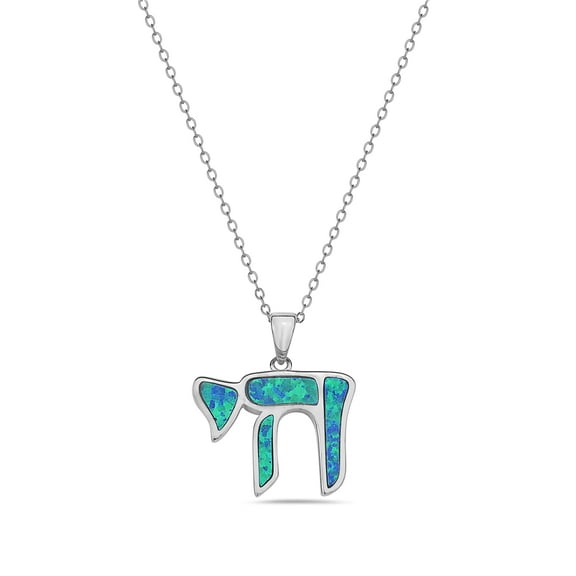925 Sterling Silver Blue Simulated Opal Turquoise-Tone Jewish Chai Living Charm Pendant Necklace