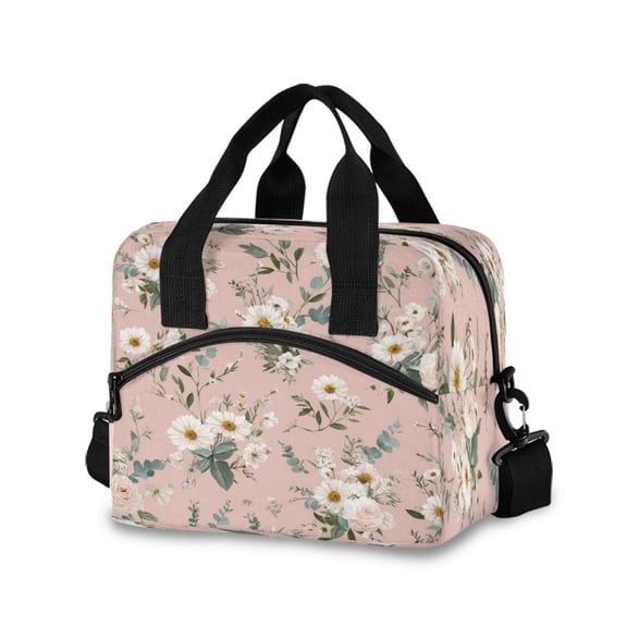 Insulated Crossbody Lunch Bag 10L Lunch Tote with Adjustable Shoulder Strap for Work Office Picnic Small White and Pink Flowers