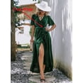 thumbnail image 3 of UVN V Neck Long Dresses For Women Corduroy Cocktail Dresses Party Gown Short Sleeve Maxi Dress with Belt, 3 of 7