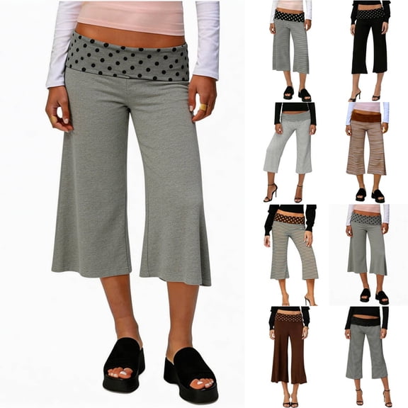 Cropped Pants Womens Casual Wide Leg Low Rise Fold Over Stretch Gaucho Pants for Summer Beach Holiday Streetwear White 2XL
