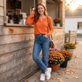 thumbnail image 5 of Dwellite Women Long Sleeve Sweater Waffle Oversized Pullover Tops Casual Loose Henley Blouses for Fall Winter Orange M, 5 of 8
