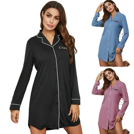 

Ladies Women Button Long-sleeved Nightdress Plus Size Lapel Pyjamas Sleepwear Nightie Shirt S-2XL