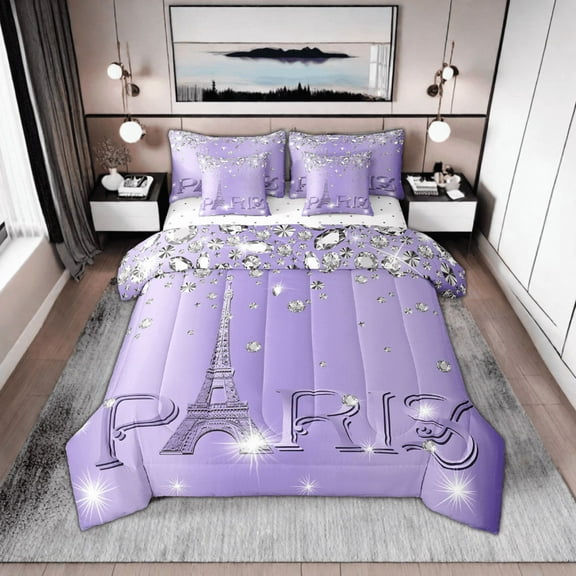 Erosebridal Paris Comforter Set Teens,Eiffel Tower Sequins Bed in A Bag Queen,Purple Ombre Sparkles Bedding Sets,(Not Real)Diamond Reversible Bed Sets with Sheet Set 7 Piece