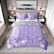 Erosebridal Paris Comforter Set Teens,Eiffel Tower Sequins Bed in A Bag Queen,Purple Ombre Sparkles Bedding Sets,(Not Real)Diamond Reversible Bed Sets with Sheet Set 7 Piece