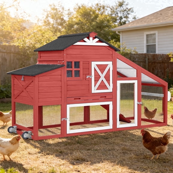 Aivituvin 73" Mobile Chicken Coop with Run for 2-4 Chickens, Large Wooden Hen House with Nesting Box, 2 Perches and Easy-Clean Pull-Out Tray, Gray
