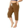 thumbnail image 2 of Wrcnote Ladies Straight Leg High Waist Loungewear Baggy Daily Wear Elastic Waisted Pants Capri Trousers Khaki 2XL, 2 of 4