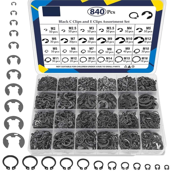 840Pcs C Clips Assortment (M5-M16) and E Clips Assortment Set (2.0mm-12mm), External Retaining Rings, 24 Sizes Snap Rings Assortment Kit, Black Carbon Steel Circlip Retaining Clip