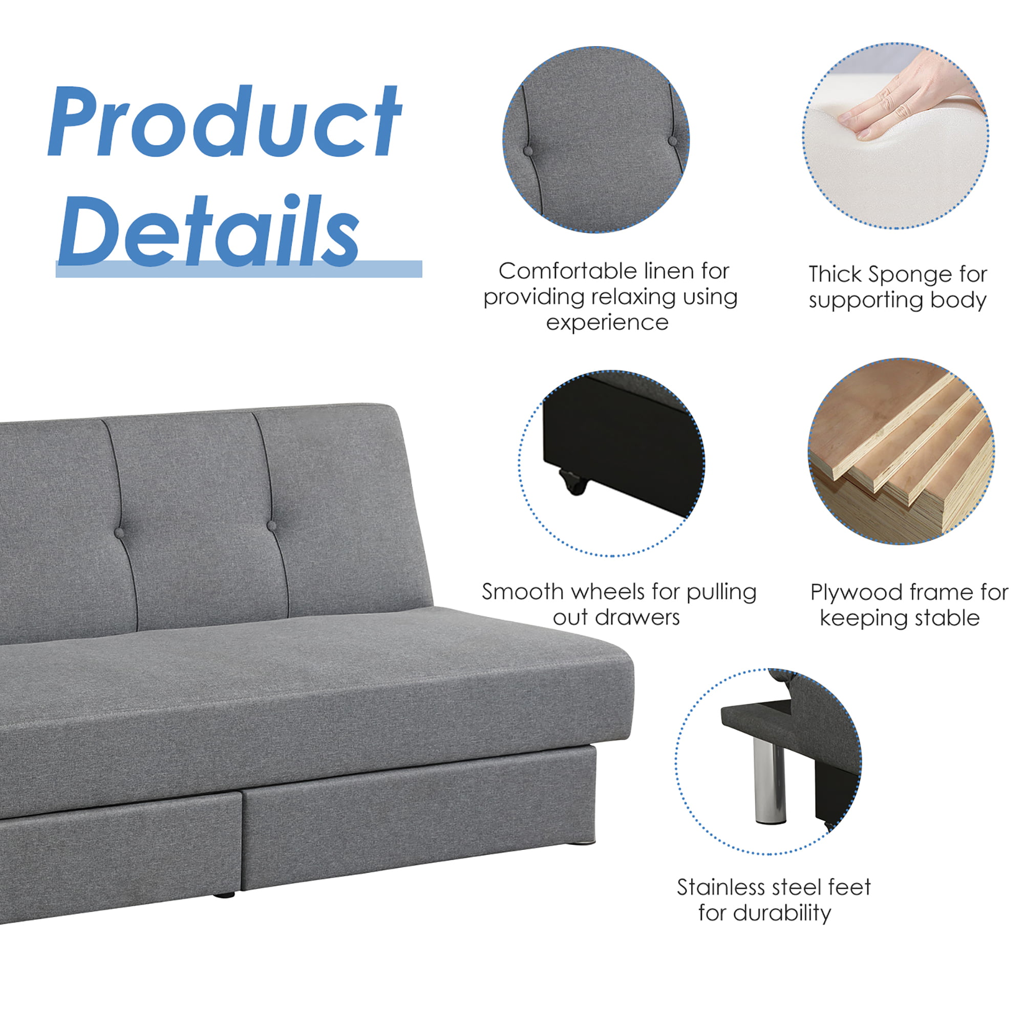 Details about   Costway Convertible Folding Futon Sofa Bed Fabric with Armrests Home Dark Grey 