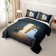 thumbnail image 3 of Feelyou Cartoon Ghost Black Cat Twin Quilt Set, Spooky Cabin Animal Twin Coverlet Set, Dark Teal Amber, 2-Piece, 1 Comforter and 1 Pillowcase, 3 of 7