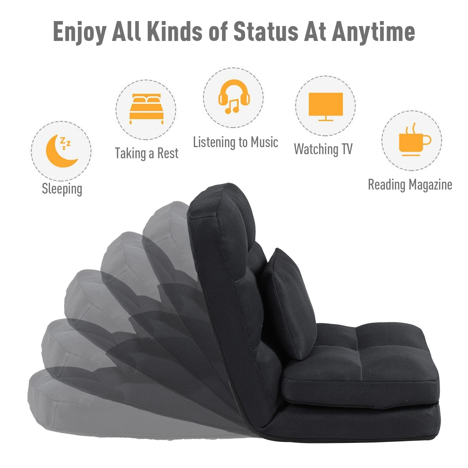 Floor Chair with Back Support for Adults Adjustable 14 Positions Video Game Chairs Foldable Floor Lounger with Pillow