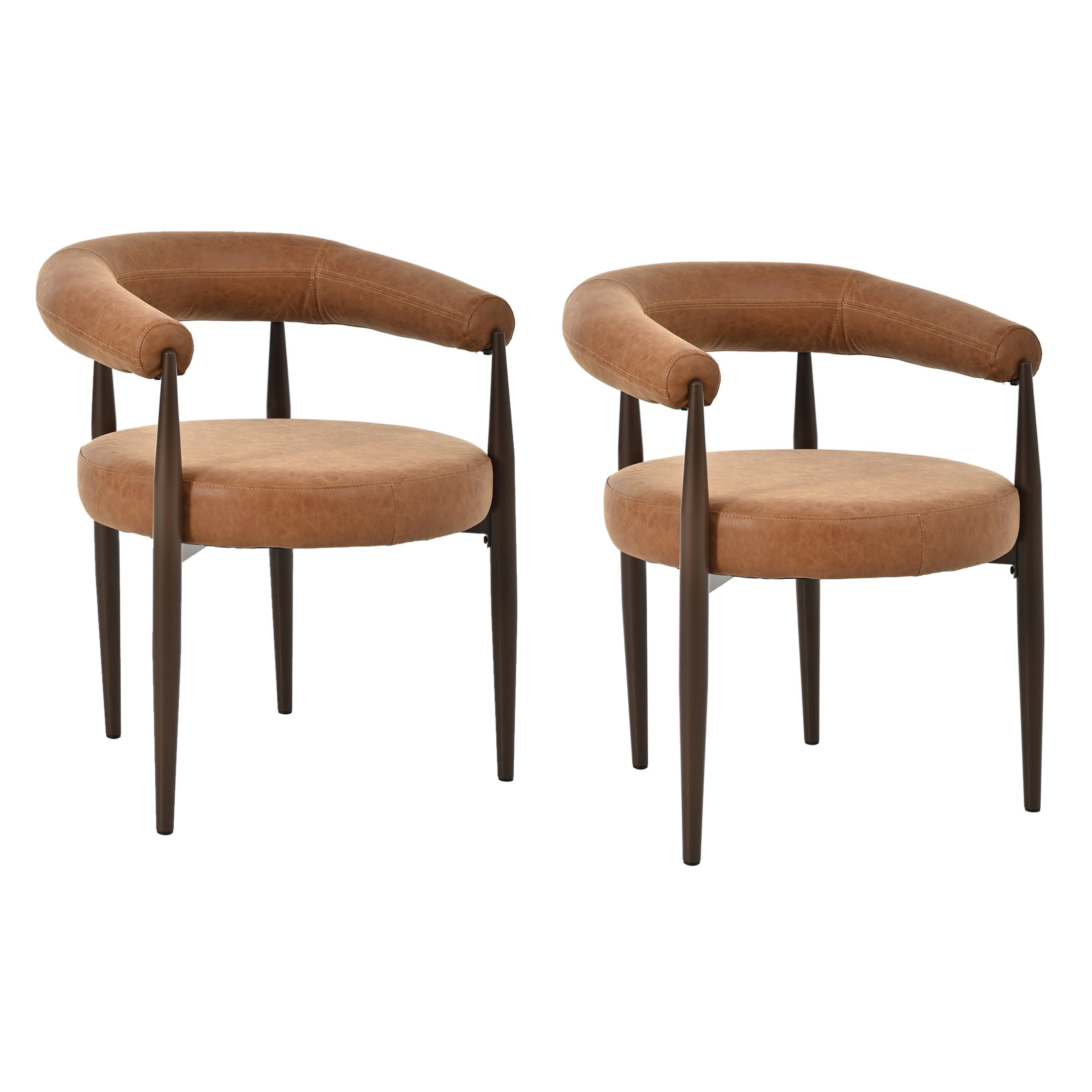 Christopher Knight Home Vintage PU Leather Barrel Dining Chairs with Curved Arms, Reddish Brown, Set of 2