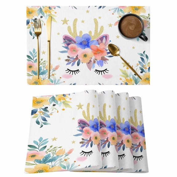 Pink Blue Floral Placemats Set of 12, Farmhouse Antlers Flowers Abstract Art Placemats for Dining Table, Place Mats for Kitchen Tabletop, Waterproof Wipeable Dining Table Mats Set