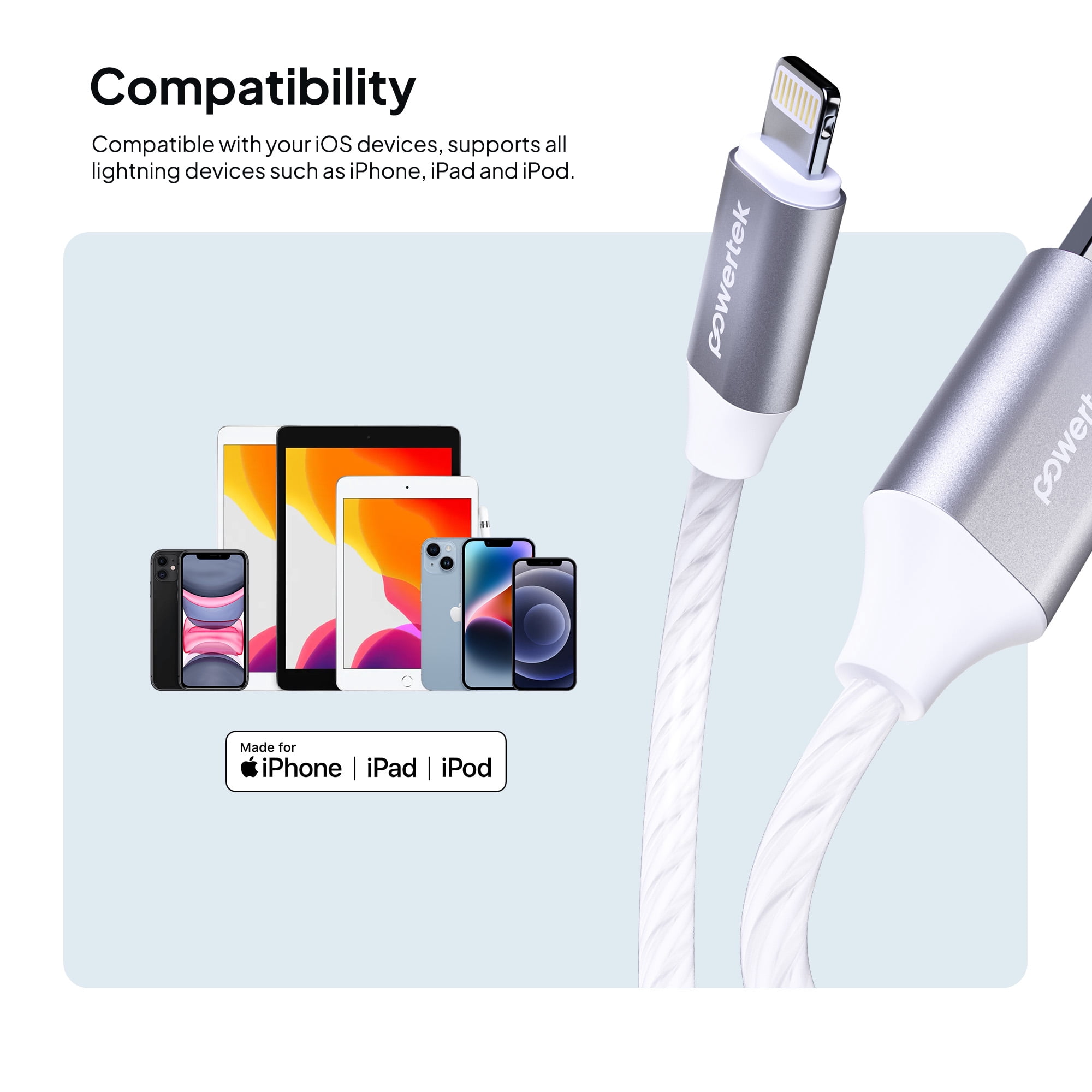 Powertek MFi-Certified Light-Up USB-A to Lightning Charging Cable, 5 ft, White