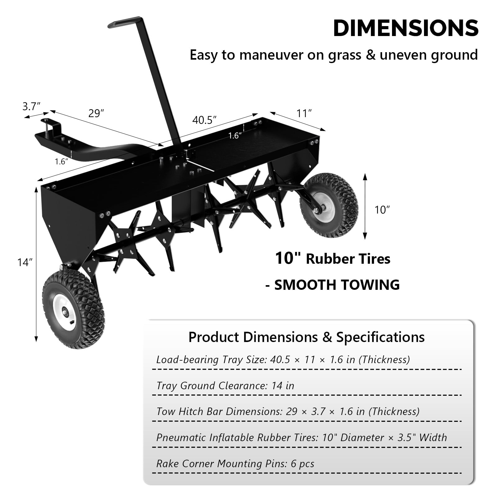 Zimtown 40" Tow Plug Lawn Aerator with Universal Hitch, Lawn Aerator Tow Behind with Tray and Inflatable Wheels for Garden Farm Lawn, Black