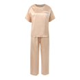 thumbnail image 4 of AOMPMSDX Womens Satin Silky Pajama Set Short Sleeve Shirt With Long Pajama Pant Set Soft PJ Loungewear Khaki XXL, 4 of 8