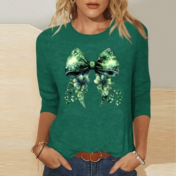Pounoo St Patricks Day 3/4 Sleeve Tops for Women St. Pattys Irish Lucky Shamrock Sequin Shirts Outfit Festival Tops Green Clover Clothes Gift