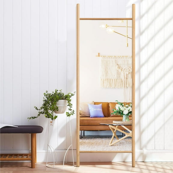 64"x21" Wood Ladder Floor Mirror Full Length Mirror,Natural Color
