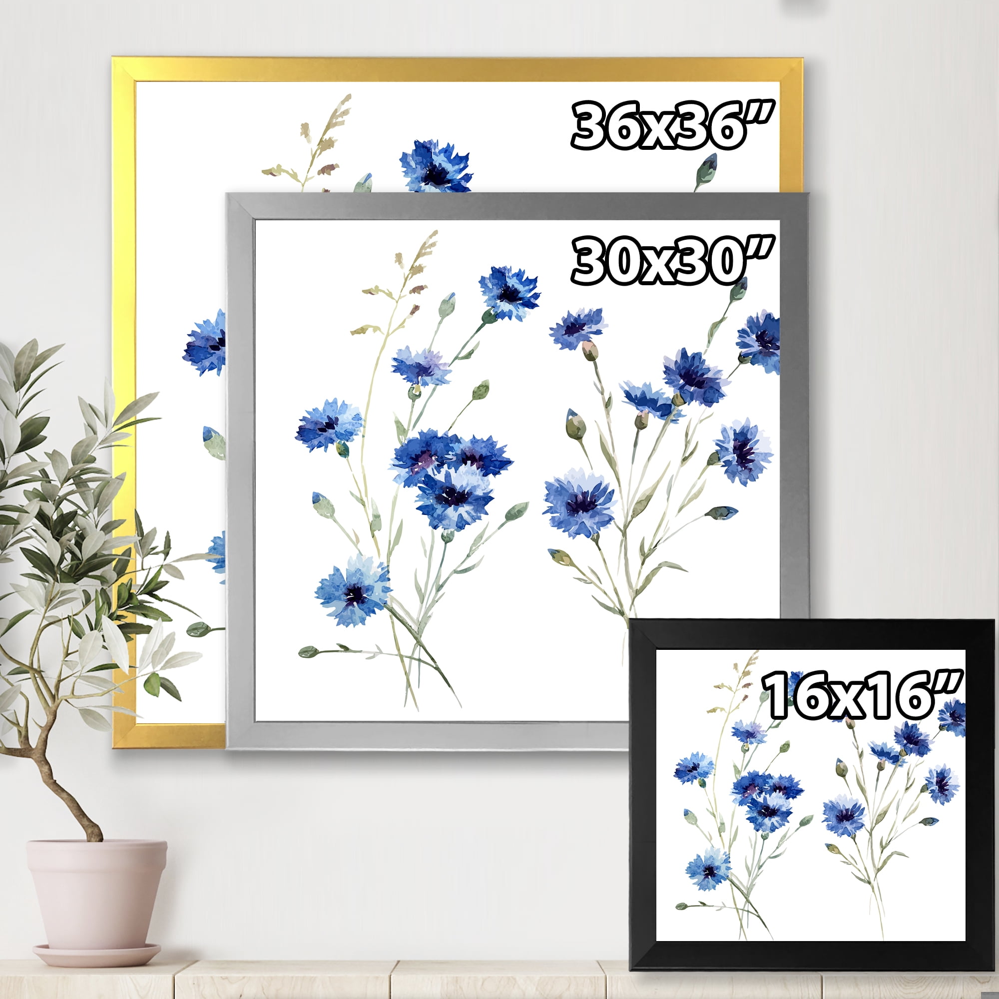 Designart 'Blue Cornflowers With Green Leaves On White III' Traditional Framed Art Print