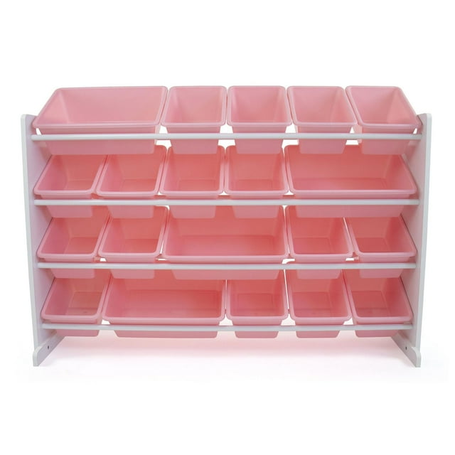 Humble Crew Carly extra large white toy storage organizer with 20 pink plastic bins on four shelves.