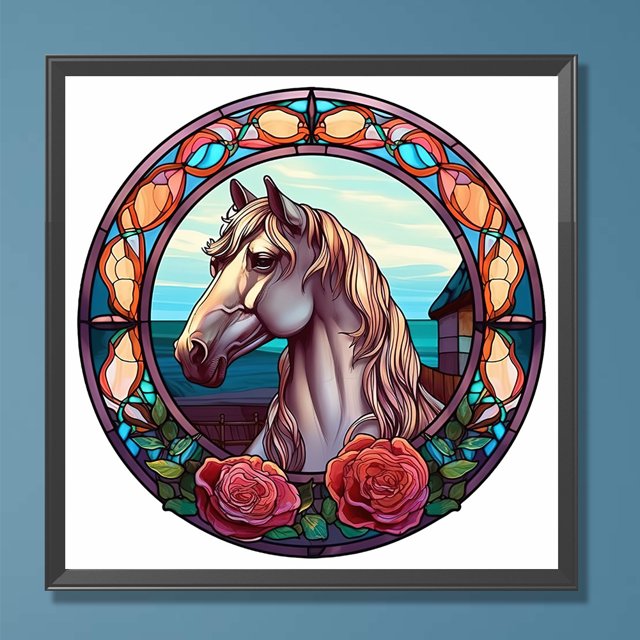 Cuadros Decorativos 5D bricolaje redondo completo taladro diamante pintura vidrieras caballo Kit decoración (B6845) Wdftyju embutido en tela