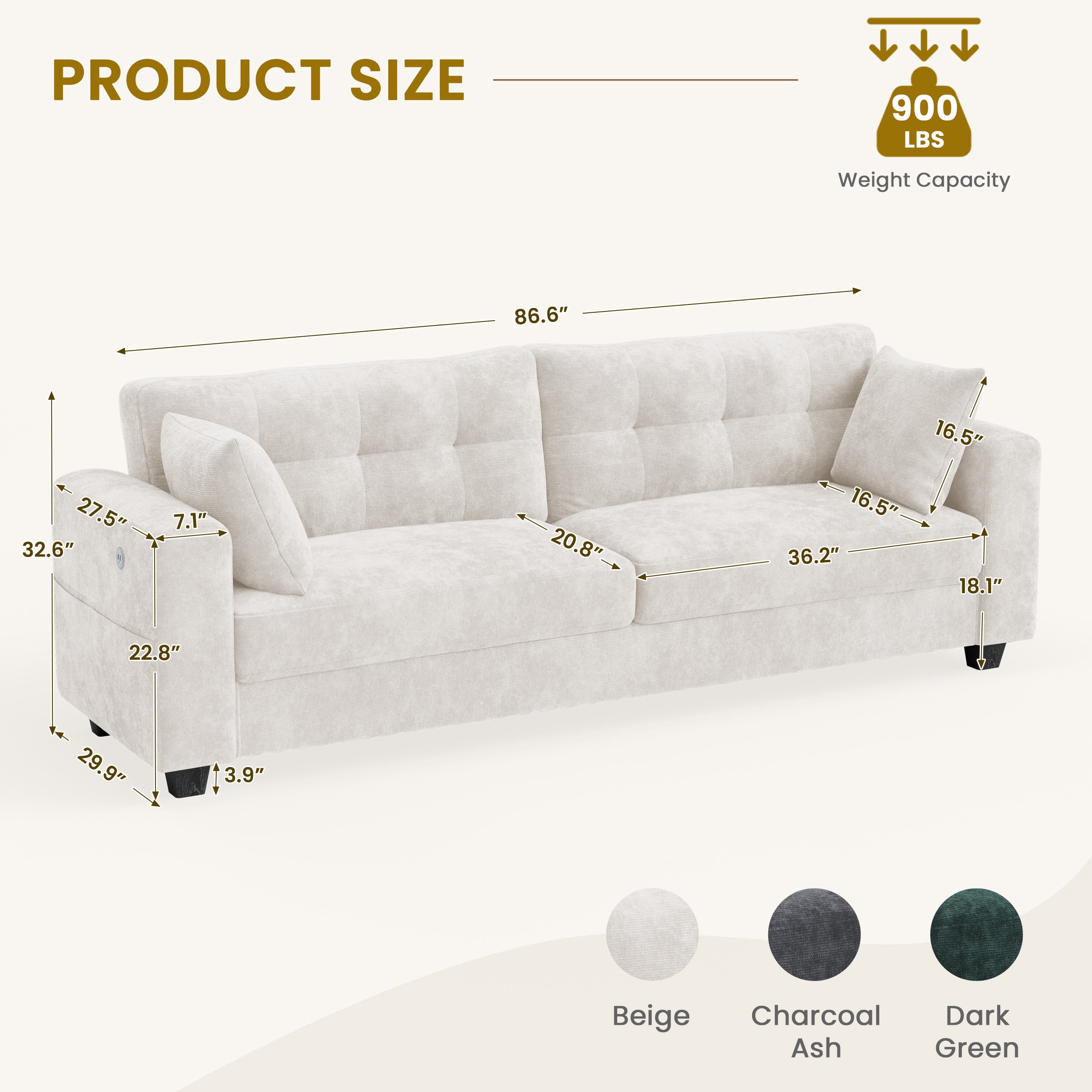 WISHEAD 87" Large 3 Seater Sofa Couch for Living Room, Office, Oversized Couches with Extra Deep Seat, USB Charging Port, 2 Pillows, Beige