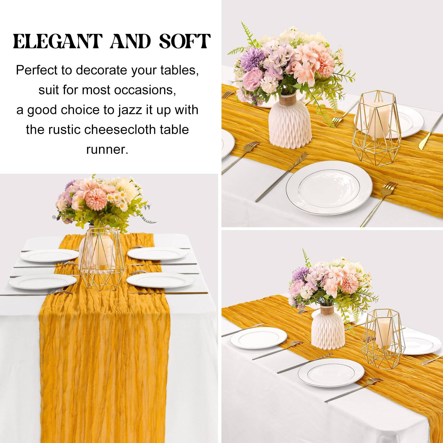 iMucci 6 Pack 10FT Cheesecloth Table Runner Mustard Gauze Fabric Tablecloth Rustic Sheer Table Runner for Wedding Birthday Baby Shower Party Boho Table Decoration