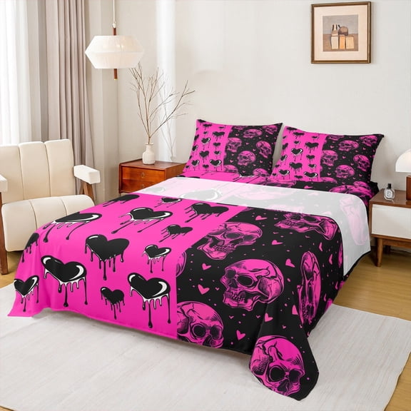 Feelyou Gothic Romantic Skull Full Size Sheets, Black Pink Love Heart Bed Sheets, Valentines Day Sheet Sets, Lightweight Room Decor, 4 Pieces