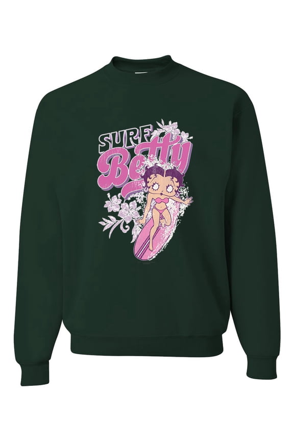 , Shore Surfer Betty Boop Betty Boop Unisex Crewneck Sweatshirt, Forest Green, X-Large