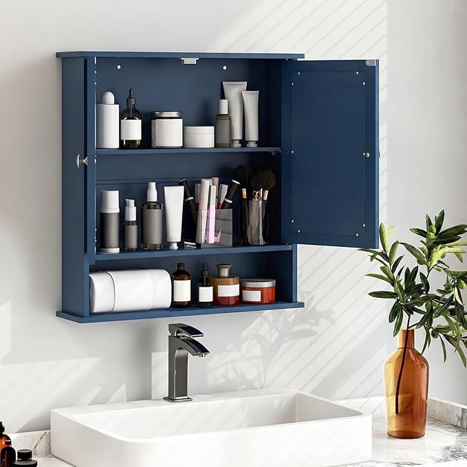 Bathroom Medicine Cabinet with Mirror, Wall Mounted Wooden Hanging Organizer with Doors and Shelves, Bathroom Wall Mirror Cabinet