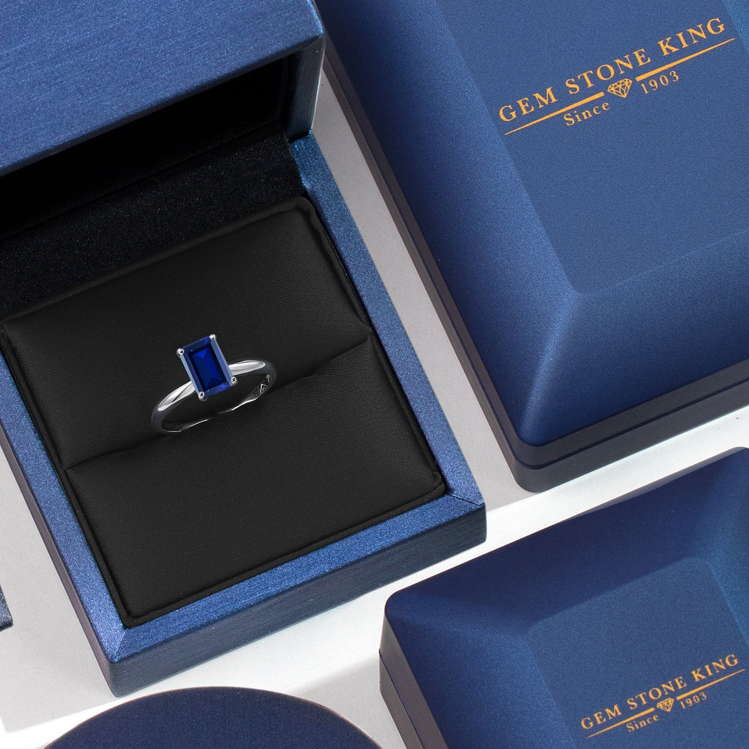 Gem Stone King 14K White Gold Blue Created Sapphire Solitaire Engagement Ring for Women | 1.50 Cttw | Octagon 8X6MM | Gemstone September Birthstone | Size 7