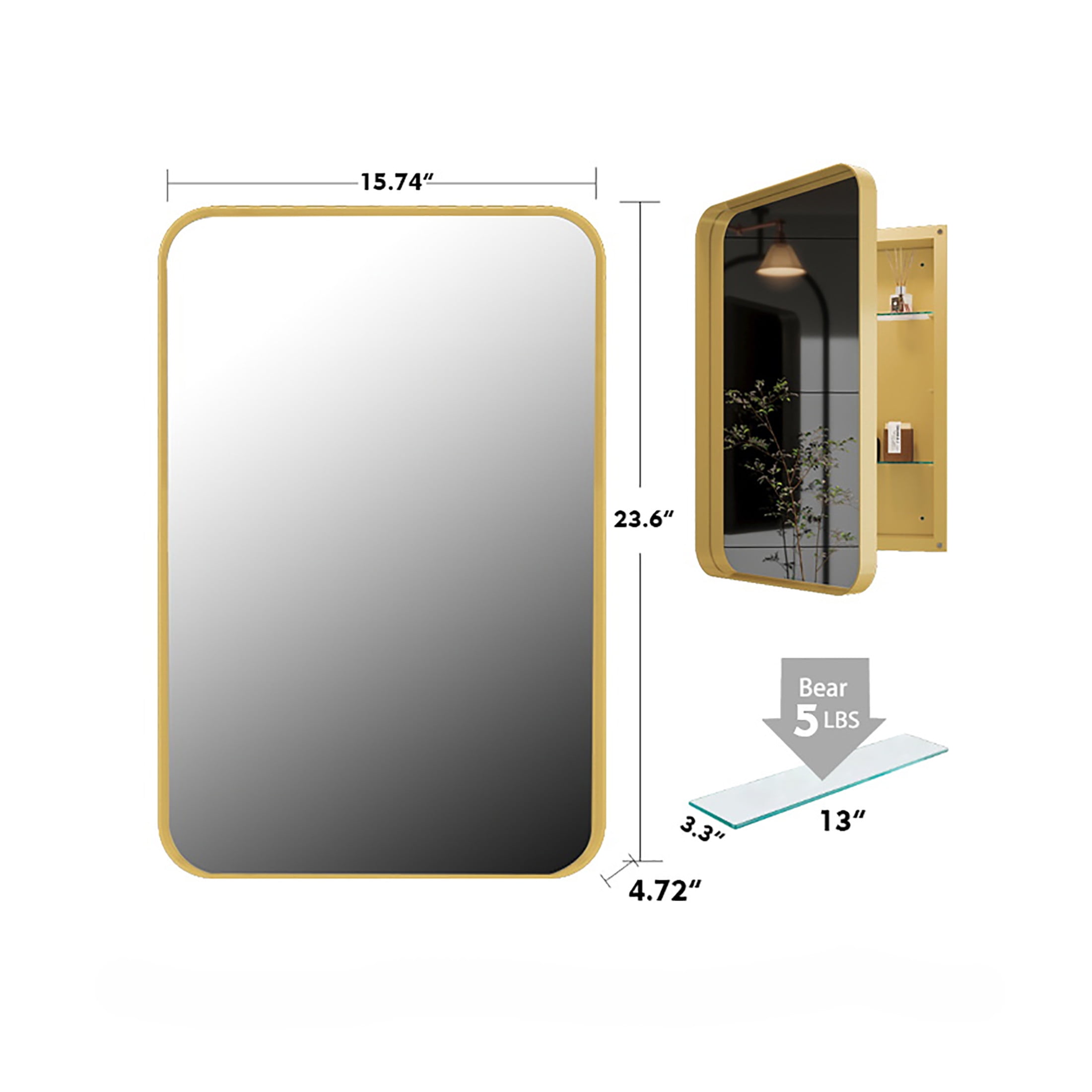 Noble House Modern Recessed Medicine Cabinet with Mirror, Metal Frame & Adjustable Glass Shelves, Golden