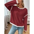 thumbnail image 5 of Women'S 2025 Fall Crew Neck Long Sleeve Oversized Color Block Sweaters Ribbed Knit Side Slit Pullover Wine Red XL, 5 of 7